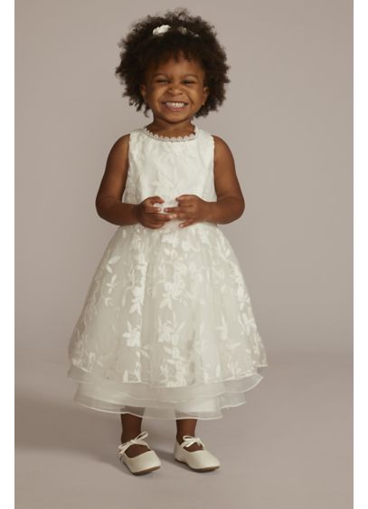 Embroidered Tiered Organza Flower Girl Dress - This tiered organza tea-length flower girl dress, complete